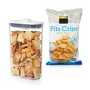 A clear storage container filled with pita chips next to a bag of pita chips. Produktbild-Vorschau