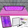 A collage of images showing a full-spectrum LED grow light, including a close-up of the light panel and its packaging. Produktbild-Vorschau