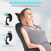 A woman is relaxing in an ergonomic office chair, with diagrams illustrating the adjustable headrest features. Produktbild-Vorschau