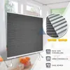 A pleated blind is shown hanging in a window, with a close-up inset showing the fabric texture and details. Feature icons and text are displayed on the right side. Produktbild-Vorschau