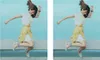 A woman is jumping in the air in front of a blue background. Produktbild-Vorschau