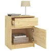 A wooden nightstand with an open drawer and a slightly open cabinet door, featuring books and a lamp. Produktbild-Vorschau