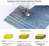 An image showing different sewing machine needles and their applications on denim fabric. Produktbild-Vorschau