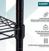 Close-up of a black metal shelving unit with text overlays describing its features. Náhled obrázku produktu