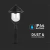 A black outdoor lamp with text overlays indicating its features. Produktbild-Vorschau