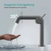 A faucet is shown dispensing water into a hand, demonstrating its elegant design and splash-free flow. Text highlights features like 'Elegant design' and 'gentle water flow, no splashing'. Podgląd zdjęcia produktu