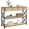 A console table with shelves and drawers, decorated with books, vases, and a plant. Náhled obrázku produktu