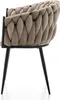 A side view of a beige upholstered dining chair with a braided backrest and black metal legs, isolated on a white background. Podgląd zdjęcia produktu