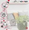 A green ceramic planter with a geometric pattern sits on a surface next to a clock and pillows. The image is overlaid with icons and text highlighting product features. Produktbild-Vorschau