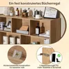 A close-up marketing image of a wooden bookshelf with various decorative items and books, along with two inset diagrams highlighting construction features. Produktbild-Vorschau
