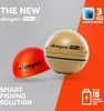 A marketing image showing two Deeper Chirp+ 2 sonar devices, one red and one tan, against a split gray and orange background. Text highlights features like '3 MONTH FREE BATHYMETRY' and 'UP TO 15 HOURS BATTERY LIFE'. Voir les images du produit