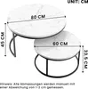 A collage showing two round coffee tables of different sizes, with dimensions indicated by arrows and text. Voir les images du produit