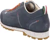 A close-up side view of a blue Dolomite hiking shoe with orange laces and a speckled white sole. Voir les images du produit