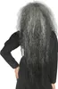 A person wearing a black garment and a long, gray, curly wig, shown from the back. Produktbild-Vorschau