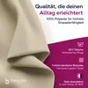 A close-up of beige fabric with marketing text and icons overlaid. Produktbild-Vorschau