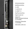 A close-up view of the ports and connections on the back of a television, with a list of its features. Produktbild-Vorschau
