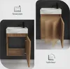 Collage of a small bathroom vanity with a sink and cabinet. One section shows a diagram, and the other shows the product with a focus on its soft-close feature. Produktbild-Vorschau
