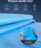 Close-up of a folded blue vinyl material with text overlays highlighting product features. Náhled obrázku produktu