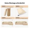 A four-panel infographic showing the steps to unpack and set up a sofa. Produktbild-Vorschau