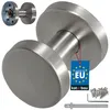 A close-up view of a brushed stainless steel door knob with a tag indicating it is made in the EU and the brand name. Náhľad obrázku produktu