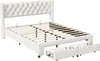 A white upholstered bed frame with a tufted headboard and wooden slats, shown with two storage drawers pulled out from underneath. Anteprima dell’immagine prodotto