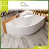 A modern corner bathtub with a wooden surround, set in a luxurious bathroom with marble flooring. Produktbild-Vorschau