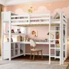 A white loft bed with a desk and shelves underneath, set in a child's bedroom with pink walls and cloud decorations. Produktbild-Vorschau