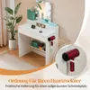 A white vanity table with makeup and a hairdryer holder, with text overlay. Produktbild-Vorschau