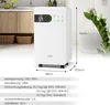 A white dehumidifier is shown in a room with a toilet and plants in the background, along with a kitchen counter and baskets in the foreground. Dimensions and specifications are listed below the product. Náhled obrázku produktu