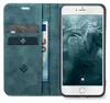 A teal flip case for an iPhone is shown open, revealing card slots and a banknote, with the iPhone displaying its lock screen. Produktbild-Vorschau