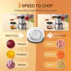A split image showing a food chopper and its capabilities for soft and hard foods. Produktbild-Vorschau
