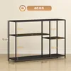 A diagram showing the dimensions of a black shelving unit against a light brown and white background. Podgląd zdjęcia produktu