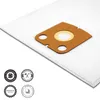 A white vacuum cleaner bag with a brown cardboard attachment for the vacuum cleaner's intake port. Four circular badges are visible in the bottom left corner. Produktbild-Vorschau