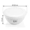 A white plastic bowl with a lid, showing dimensions and capacity. Náhľad obrázku produktu