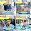 A collage of four images showing a cooling mat for pets in different settings: on a sofa, in a dog crate, in a car seat, and on the floor. Produktbild-Vorschau