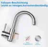 A close-up of a stainless steel faucet with text overlays highlighting its features. Produktbild-Vorschau