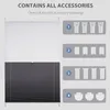 A split image showing two pleated blinds, one white and one gray, next to a column of numbered accessory drawings. Produktbild-Vorschau
