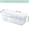 A clear, well-lit product shot of a transparent, multi-compartment container with dimensions indicated by overlaid text. Produktbild-Vorschau