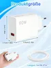 A white USB-C charger with dimensions indicated, and a coiled charging cable held in a hand. Produktbild-Vorschau