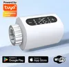A smart thermostat for a radiator, with app store download icons and Wi-Fi symbol. Náhľad obrázku produktu