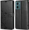 A black leather flip case for a smartphone is shown from two angles. Produktbild-Vorschau