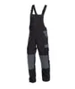 A pair of black and gray work overalls is shown against a white background.