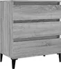 A grey wooden sideboard with three drawers and black legs, shown against a white background. Produktbild-Vorschau