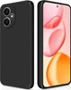 A black phone case is shown from two angles, with the front view displaying a colorful abstract wallpaper on the phone screen. Produktbild-Vorschau