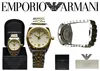 A product display of Emporio Armani watches, including packaging and documentation. Produktbild-Vorschau