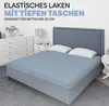 A bedroom scene with a bed made with a light blue fitted sheet. Produktbild-Vorschau