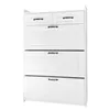 A white shoe cabinet with multiple drawers and flip-down compartments. Produktbild-Vorschau