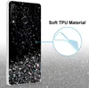 A phone case with a glittery design is shown next to a diagram illustrating its soft TPU material. Produktbild-Vorschau