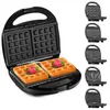 A black waffle maker shown open with two waffles inside, and several other interchangeable plates for different types of food displayed to the right. Anteprima dell’immagine prodotto