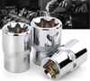 Three chrome-plated star-shaped sockets are arranged on a white background, with a blurred background image of a person working on an engine. Anteprima dell’immagine prodotto